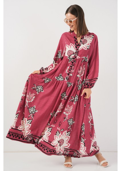 Kadın Desenli Uzun Tesettür Elbise 2585 - Gül Kurusu modelleri