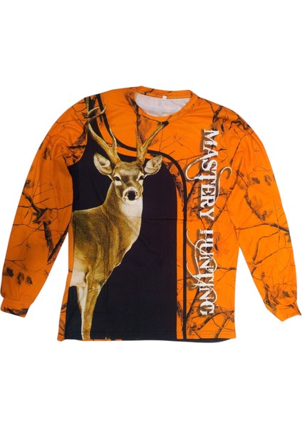 Geyik Desenli Turuncu Kamuflaj Sıfır Yaka Uzun Kollu Sweatshirt - S