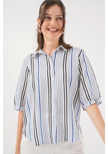 Kadın Çizgili Kısa Kol Gömlek 20345 - Lacivert