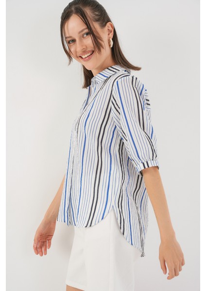 Kadın Çizgili Kısa Kol Gömlek 20345 - Lacivert modelleri