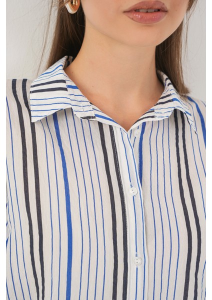 Kadın Çizgili Kısa Kol Gömlek 20345 - Lacivert indirimleri