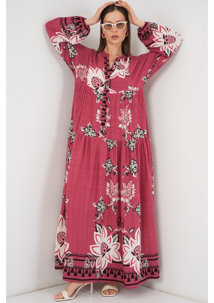 Kadın Desenli Uzun Tesettür Elbise 2585 - Gül Kurusu fırsatları