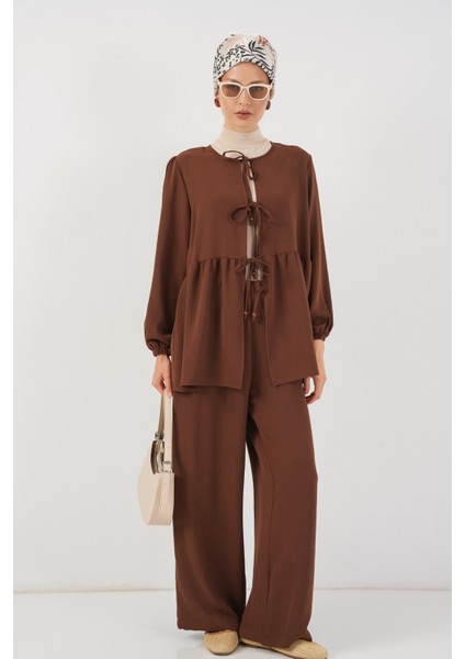 Kadın Önü Bağcıklı Tunik Pantolon Ikili Takım 6744 - Kahverengi