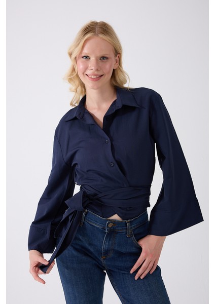 Kadın Lacivert Ispanyol Kol Bağlamalı Beli Kuşaklı Gömlek