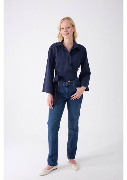 Kadın Lacivert Ispanyol Kol Bağlamalı Beli Kuşaklı Gömlek fiyatları