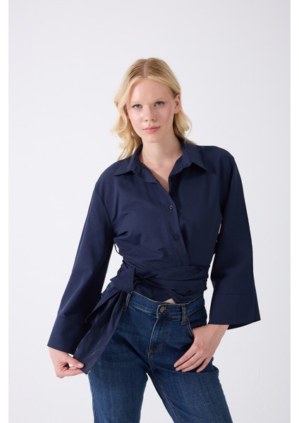 Kadın Lacivert Ispanyol Kol Bağlamalı Beli Kuşaklı Gömlek