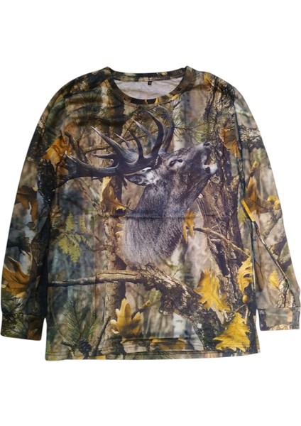 Geyik Desenli Orman Kamuflaj Sıfır Yaka Uzun Kollu Sweatshirt - M