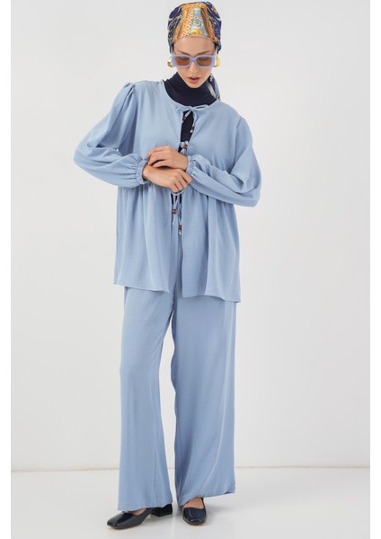 Kadın Önü Bağcıklı Tunik Pantolon Ikili Takım 6744 - Mavi modelleri