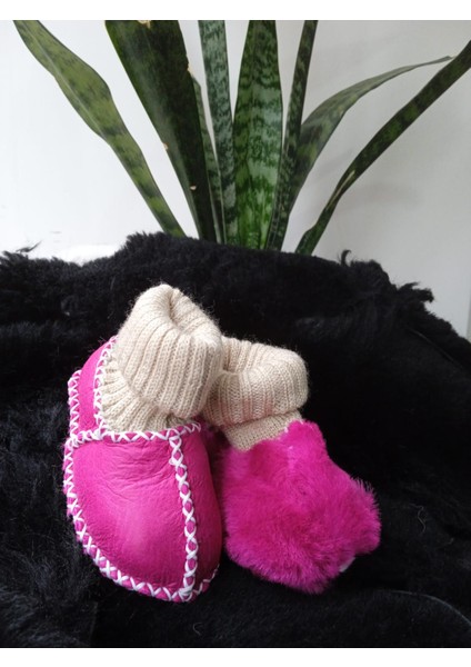 Bebek Unisex Organik Kuzu Derisi Ilk Adım Ayakkabısı Çoraplı Panduf Patik Pembe