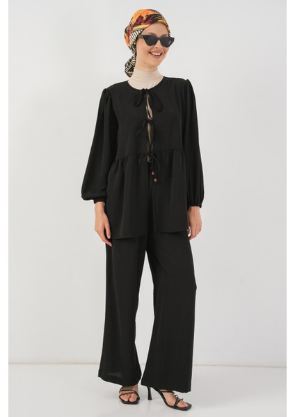 Kadın Önü Bağcıklı Tunik Pantolon Ikili Takım 6744 - Siyah modelleri