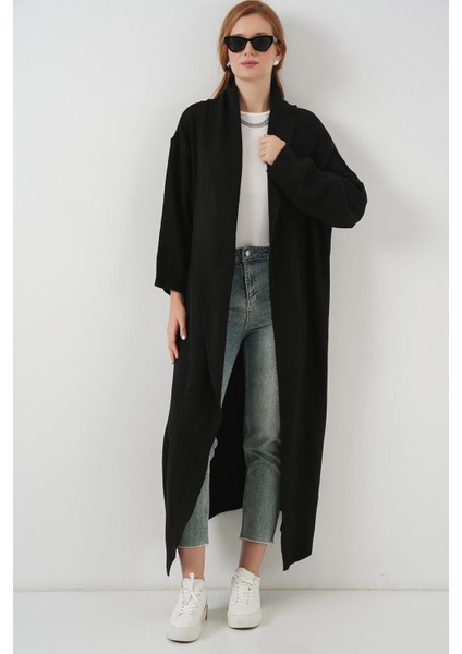 Kadın Uzun Oversize Triko Hırka 15924 - Siyah