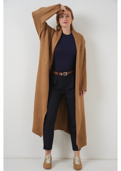 Kadın Uzun Oversize Triko Hırka 15924 - Hardal indirimleri