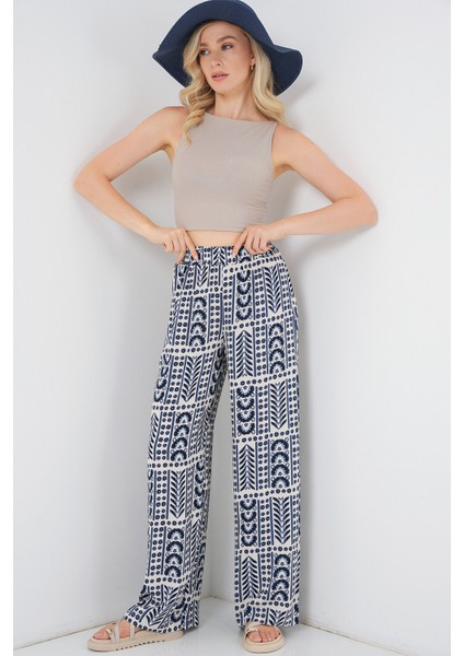 Kadın Desenli Viskon Pantolon 6749 - Krem modelleri