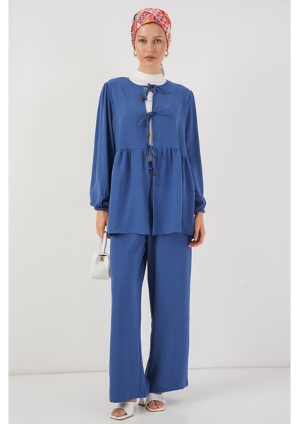Kadın Önü Bağcıklı Tunik Pantolon Ikili Takım 6744 - Indigo