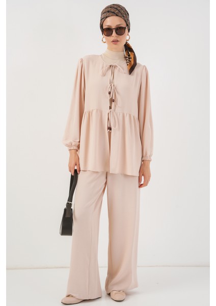 Kadın Önü Bağcıklı Tunik Pantolon Ikili Takım 6744 - Krem