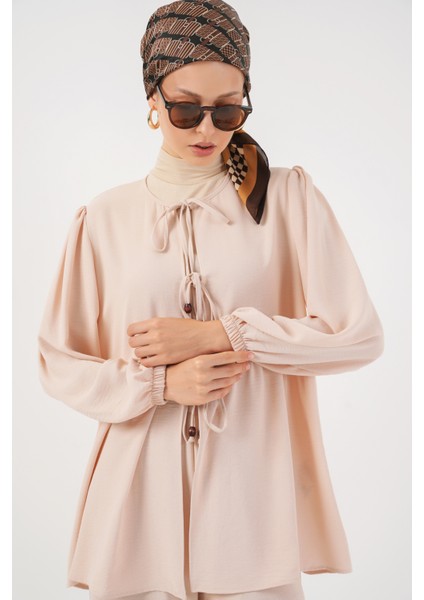 Kadın Önü Bağcıklı Tunik Pantolon Ikili Takım 6744 - Krem fiyatları