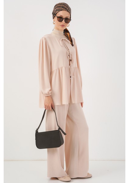 Kadın Önü Bağcıklı Tunik Pantolon Ikili Takım 6744 - Krem modelleri