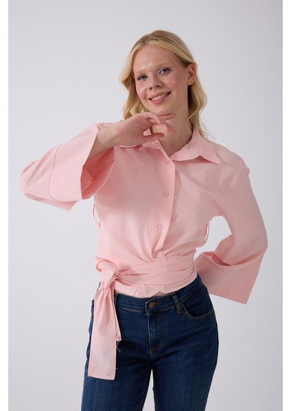 Kadın Ispanyol Kol Bağlamalı Beli Kuşaklı Pembe Gömlek