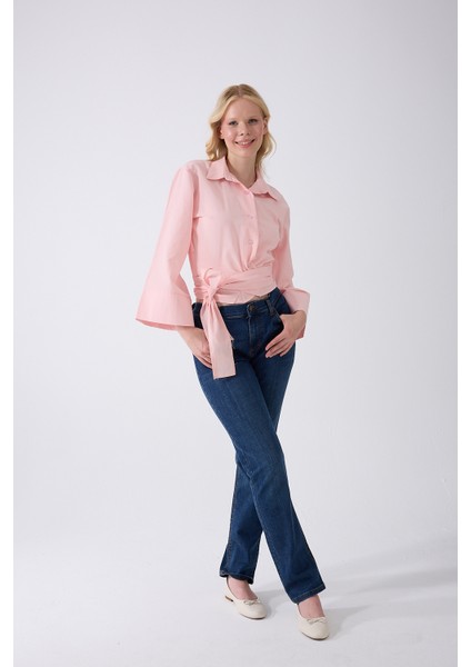 Kadın Ispanyol Kol Bağlamalı Beli Kuşaklı Pembe Gömlek fiyatları