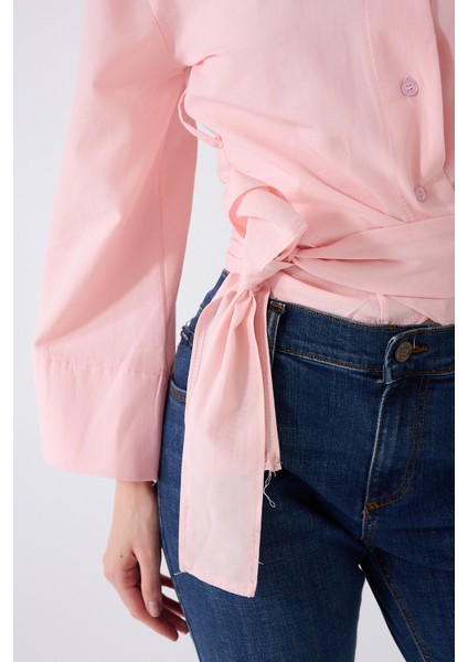 Kadın Ispanyol Kol Bağlamalı Beli Kuşaklı Pembe Gömlek modelleri