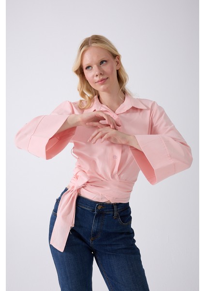 Kadın Ispanyol Kol Bağlamalı Beli Kuşaklı Pembe Gömlek fırsatları