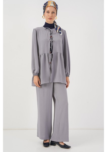 Kadın Önü Bağcıklı Tunik Pantolon Ikili Takım 6744 - Gri