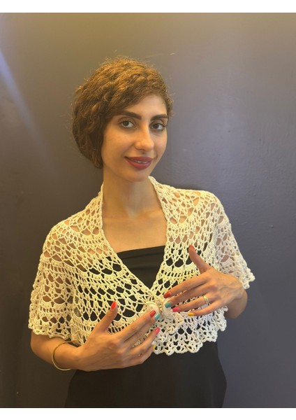 Dantel El Örgüsü Çok Amaçlı Şal,bolero,büstiyer Kelebek Broşlu