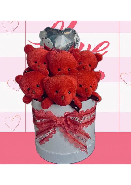 Premium Silindir Hediye Kutusunda, Kalpli Balonlu 6’lı Kırmızı Ayıcık Buketi fiyatları