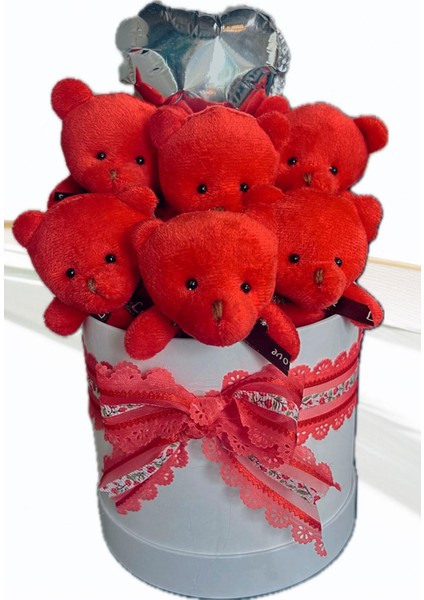 Premium Silindir Hediye Kutusunda, Kalpli Balonlu 6’lı Kırmızı Ayıcık Buketi indirimleri