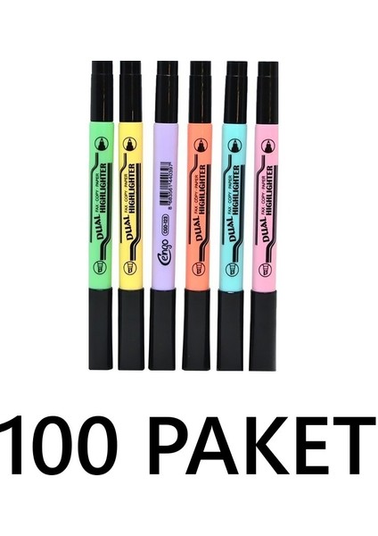 Cengo Çift Taraflı Highlighter Fosforlu Kalem Pastel Renkler 6lı Setten 100 Paket