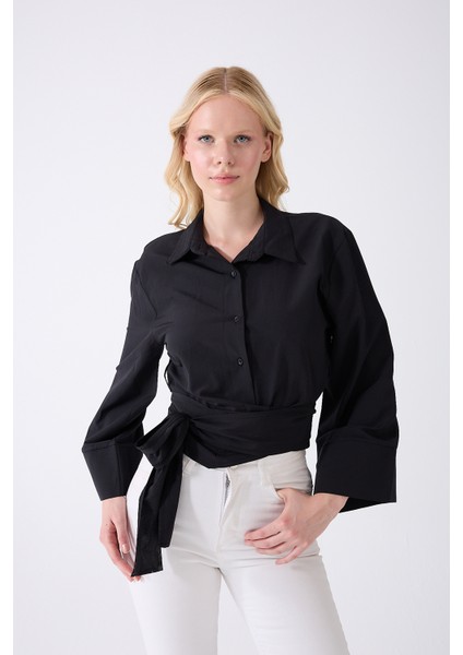 Kadın Ispanyol Kol Bağlamalı Beli Kuşaklı Siyah Gömlek