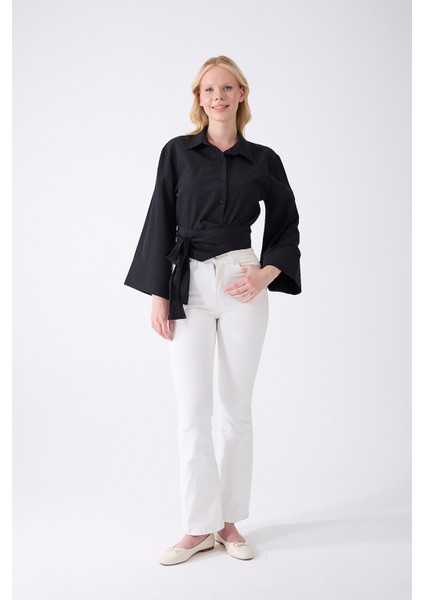 Kadın Ispanyol Kol Bağlamalı Beli Kuşaklı Siyah Gömlek modelleri