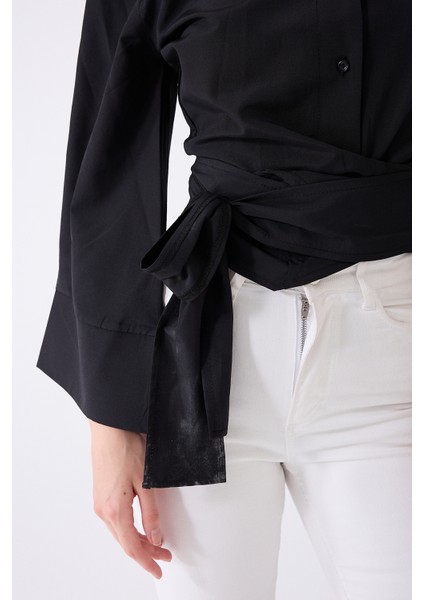 Kadın Ispanyol Kol Bağlamalı Beli Kuşaklı Siyah Gömlek fırsatları