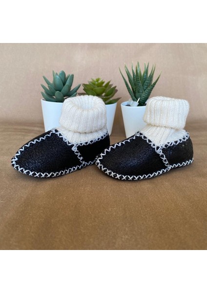 Bebek Unisex Organik Kuzu Derisi Ilk Adım Ayakkabısı Çoraplı Panduf Patik Siyah