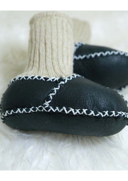 Bebek Unisex Organik Kuzu Derisi Ilk Adım Ayakkabısı Çoraplı Panduf Patik Siyah modelleri