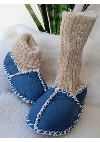 Bebek Unisex Organik Kuzu Derisi Ilk Adım Ayakkabısı Çoraplı Panduf Patik Lacivert