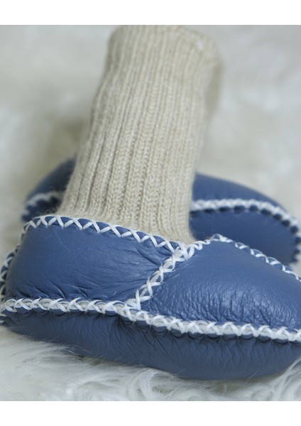 Bebek Unisex Organik Kuzu Derisi Ilk Adım Ayakkabısı Çoraplı Panduf Patik Lacivert modelleri