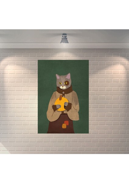 Kedi Kabak Tutan Dekoratif Retro Ahşap Poster