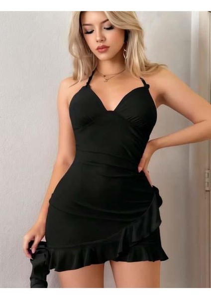 Siyah Boyundan Bağlamalı Fırfırlı Fantezi Mini Club Elbisesi fiyatları