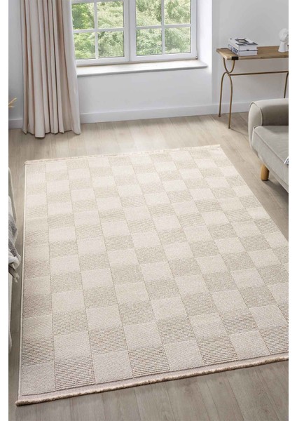 Posıtano Bej Renk Kareli Model Yumuşak Bukleli ve Püsküllü Dekoratif Makine Dokuma Halı Oturma Odası Salon Mutfak Antre fiyatları