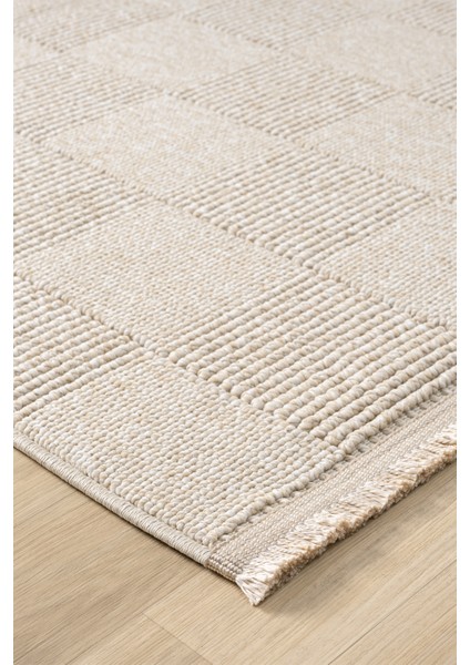 Posıtano Bej Renk Kareli Model Yumuşak Bukleli ve Püsküllü Dekoratif Makine Dokuma Halı Oturma Odası Salon Mutfak Antre modelleri