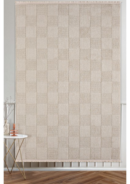 Posıtano Bej Renk Kareli Model Yumuşak Bukleli ve Püsküllü Dekoratif Makine Dokuma Halı Oturma Odası Salon Mutfak Antre fırsatları