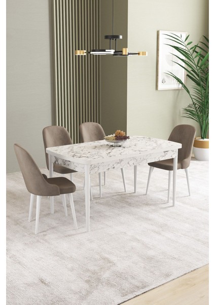 Ikon Beyaz Mermer 80X132 Açılabilir Mdf Masa Yemek Odası Takımı, Mutfak Takımı 4 adet Sandalye