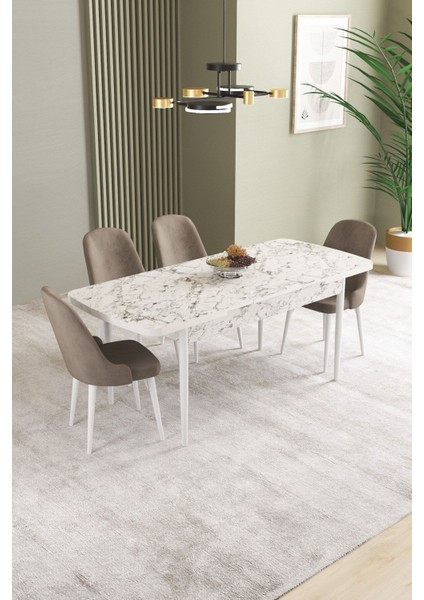 Ikon Beyaz Mermer 80X132 Açılabilir Mdf Masa Yemek Odası Takımı, Mutfak Takımı 4 adet Sandalye fiyatları