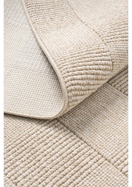 Posıtano Bej Renk Kareli Model Yumuşak Bukleli ve Püsküllü Dekoratif Makine Dokuma Halı Oturma Odası Salon Mutfak Antre