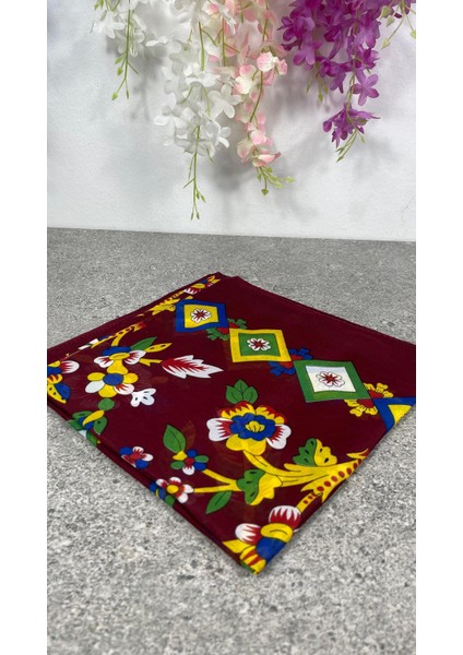 Bordo Çiçekli Desenli Yazma Eşarp – Çeyizlik ve Günlük Kullanıma Uygun Başörtüsü fırsatları