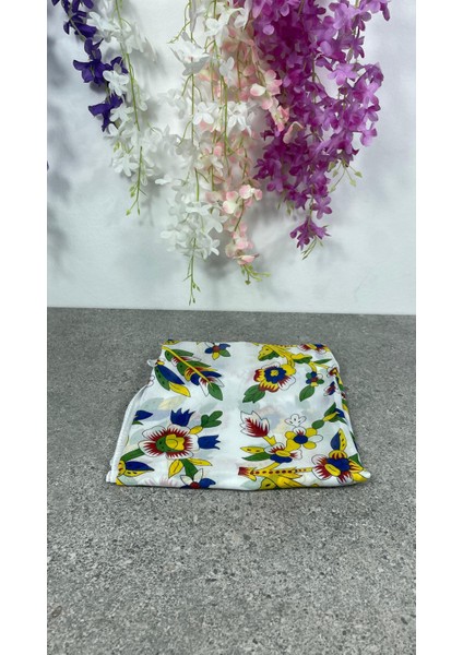 Beyaz Çengelköy Desenli Pullu Yazma Eşarp - Günlük, Nişan ve Çeyizlik