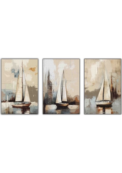 Dekoratif 3 Lü Gemi Temalı Kanvas Tablo