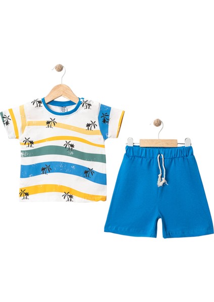 Palmiye Baskılı Şortlu Takım Saks