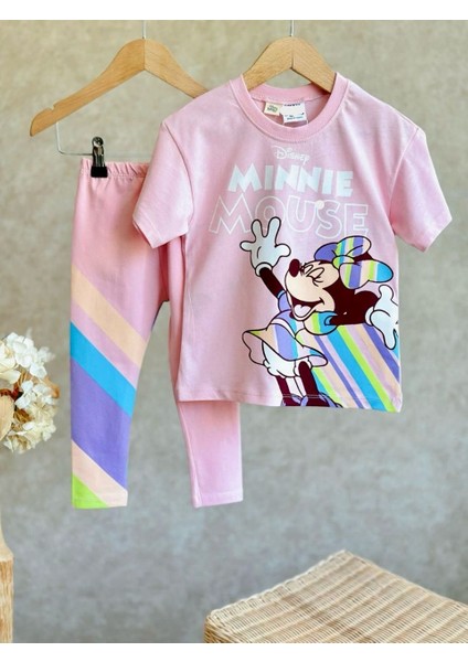 Kız Çocuk Disney Minnie Mouse Baskılı Pamuklu Esnek Kumaş Beli Lastikli Taytlı Ikili Takım